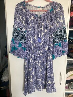 Ramy Brook Purple Silk Chiffon  Paisley Mini Dress with Teal Accents size XXS